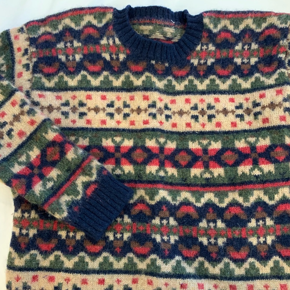 Vintage Shetland wool Christmas sweater blue green red Women’s XS child’s Large